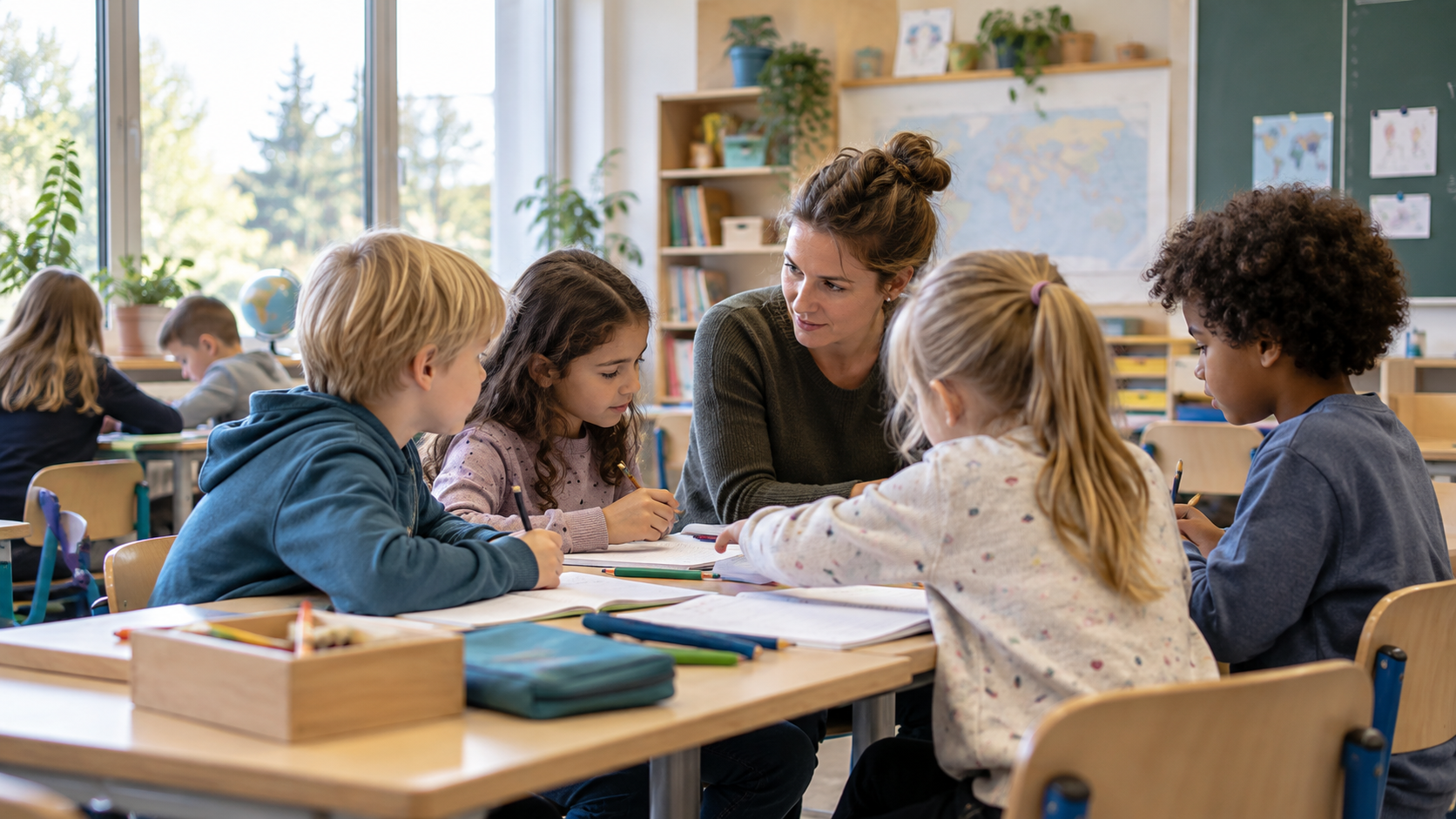 Eine pädagogische Fachkraft begleitet mehrere Kinder bei gemeinsamer Arbeit im Klassenraum.